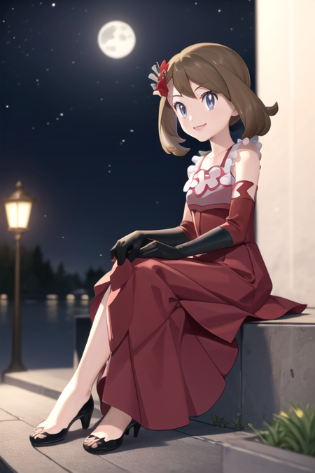 masterpiece, best quality, <lora:MayAnniversary:0.7>, may \(pokemon\), red dress, hair flower, black gloves, elbow gloves, sleeveless dress, smile, night sky, full body, black footwear, sitting, medium dress