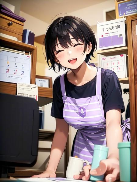 masterpiece, best quality, ultra-detailed, illustration,
SB1, 1girl, black hair, apron, indoors, striped shirt, shirt, open mouth, closed eyes, short hair, shop, purple shirt, calendar (object), smile, striped,
<lora:sento_V2:0.6>