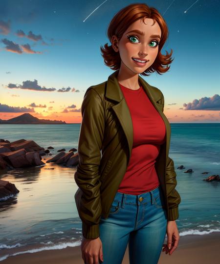 Irma,brown hair,solo,short hair,green eyes,light smile,
red shirt,jacket,jeans,
near sea,upper teeth, 
standing,
outside,stars,
(insanely detailed, beautiful detailed face, masterpiece, best quality),<lora:IrmaLair-10W2:0.8>,