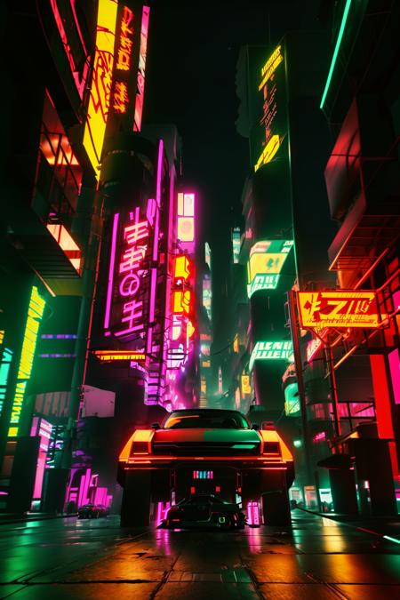 a car driving down a street at night with neon signs on the buildings behind it and a neon sign above it, Beeple, cinematic lighting, cyberpunk art, retrofuturism , 2077_Style