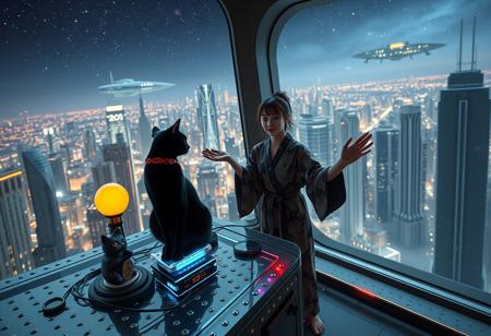 A sleek black cat with red collar sits on a cluttered metal riveted desk with transparent top and rgb led computer components visible inside, On the desk are a maneki neko statue and a lava lamp, the Black Cat is looking out of a seamless and futuristic floor to ceiling window that looks out at thousands of enormous wide and tall futuristic skyscrapers from a large window in a descending spaceship, a beautiful woman, 24 years old, is standing next to the cat looking at the viewer holding out her hand in a welcoming gesture, out the window is the enormous city at night, filled with buildings of many shapes and sizes, some over a mile tall))), the woman is dressed in an ornate Japanese style bath robe. An enormous deco starship with futuristic lighting and design is visible high above the city, and a space station is visible in the background among the stars, The woman's hair is messy from just waking up and tied up with a ribbon. Artistic cyberpunk, dynamic perspective, (((overall architectural aesthetic is Art Deco Cyberpunk))).  (((A large futuristic building shaped like a torii gate stands among the enormous tokyo structures,)))