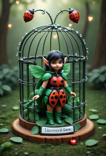 score_9, score_8_up, score_7_up,flux-style,  1girl,cute anthro ladybug, elf ears, plate armor made from lizzard skin,, text, inside cage made of batteries, heart shaped leafs, in magical garden, bokeh,