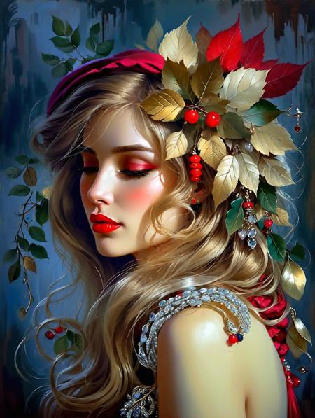 illustration of a beautiful blond woman with leaves on the hair, closed eyes, peaceful, detailed, high quality, digital drawing, oil painting, lots of jewelry, red earrings, 