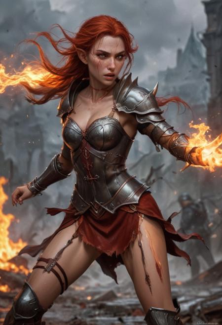 High resolution ultra-realistic of Beautiful Warrior Elf girl, 8k, capturing the intensity of the moment, cinematic lighting, standing on a bloody and stormy battlefield in bloody battle, wavy red hair, realistic dirty pale face, realistic dark brown eyes,  beautiful hourglass figure, burning in a medieval Town, intricately designed iron and silver armor, red mini skirt, LOTR Aesthetic, perfect athletic figure, beautiful Warrior elf girl, fire, ultra realistic, cinematic style, vigorous and seductive, athletic figure, dark fantasy, dramatic lighting, wet and sweaty skin, dirty skin, athletic figure, dark fantasy, dramatic lighting, Greg Rutkowski style,, Warrior Elf girl on in iron armor, hyper-detailed, hyper-realistic, bright colours, Attractive 21 old years girl, Attractive, beautiful firm Breasts, sharp focus, digital painting, Photograph Taken on Nikon D750, Alphonse Mucha, 8K, athletic figure, Hyperdetailed, hyperrealism, Attractive, Attractive bust girl, asymmetric balance