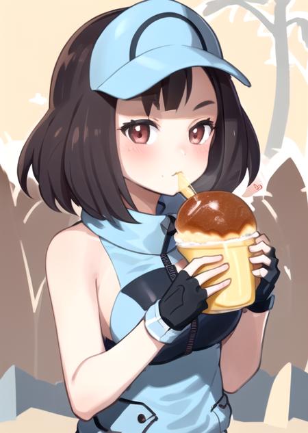 <lora:SMAce:0.7> SMAce, 1girl, solo, blush, gloves, hat, bare shoulders, food, sleeveless, fingerless gloves, tree, eating, zipper, :t, visor cap