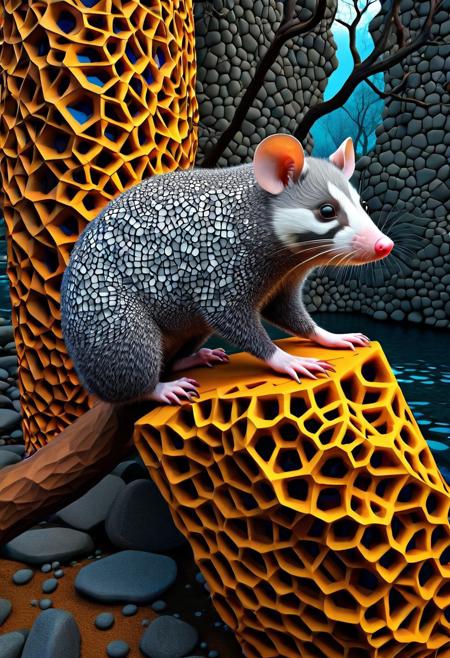 Geometric Transformation, ((opossum)) made out of voronoi,  basalt columns, Hylophobia, twisted blackened trees, river, dramatic, vibrant colors, vivid colors, Masterpiece, best quality, amazing quality, volumetric lighting, SFW, PG, exquisite detail, digital art, highly detailed, beautiful, surreal, lazypos,