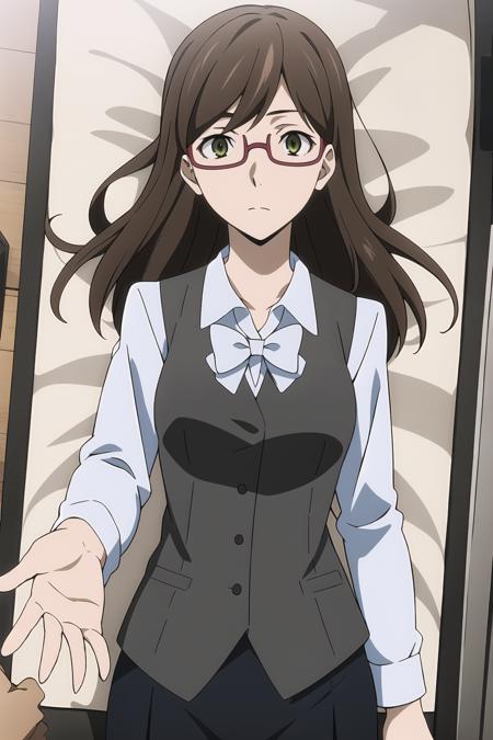 masterpiece, key visual, 1girl, kirako_haruno, glasses, olive green eyes, long hair, medium breasts, office uniform, vest, Lying on the back, arms outstretched