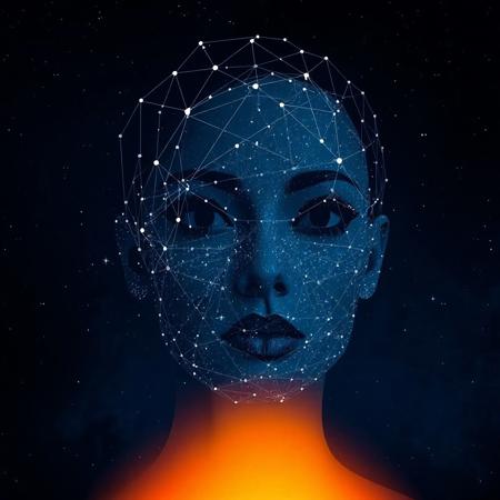 The image is a digital art piece that appears to be a portrait of a woman's face. The background is a dark blue night sky with small white stars scattered throughout. The person's head is covered in a network of lines and dots, creating a futuristic and abstract design. The lines are arranged in a way that creates a sense of depth and dimension, while the dots are scattered throughout the image.
In the center of the image, there is a bright orange and yellow gradient at the bottom.