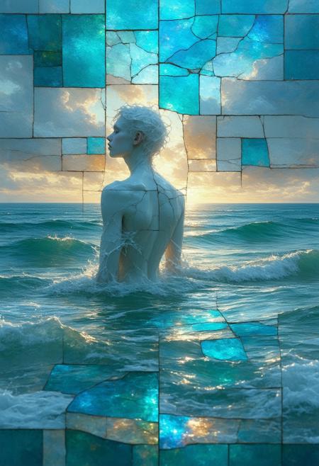 A porcelain-skinned figure adrift in a vast, glowing seascape at sunset, rendered as a stained-glass Cubist spectacle. The ocean swells and shimmers, fractured into a vibrant mosaic of turquoise, coral, and molten gold. The figure, ethereal and delicate, is shattered and reassembled into geometric planes, subtly echoing the fractured seascape. Multiple perspectives converge: a distant view of the figure suspended on the water, a close-up of their porcelain skin reflecting the sunset, and a glimpse of the infinite horizon. Bold black outlines define the fragmented forms, creating a dramatic contrast against the warm, luminous hues. Subtle photorealistic textures - the shimmer of wet skin, the texture of water - peek through the abstract geometry. A soft, light-shaded glow emanates from within the stained-glass elements, amplifying the surreal beauty of the scene. Ultra detailed, 8k resolution, volumetric lighting, octane render, dreamlike and captivating composition.