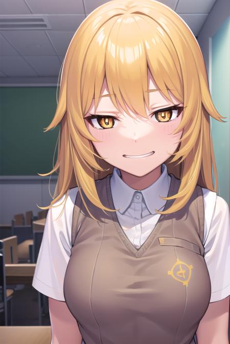 misakishokuhou, <lora:misakishokuhou-lora-nochekaiser:1>, 
misaki shokuhou, blonde hair, hair between eyes, long hair, (symbol-shaped pupils:1.5), (yellow eyes:1.5), (medium breasts:1.2), <lora:smirkingeye_v100:1>, <lora:smirkingmouth_v100:1>, smile,
BREAK elbow gloves, gloves, school uniform, short sleeves, summer uniform, sweater vest, tokiwadai school uniform, white gloves, (light brown sweater vest:1.2),
BREAK looking at viewer, upper body, full body,
BREAK indoors, classroom,
BREAK <lora:GoodHands-vanilla:1>, (masterpiece:1.2), best quality, high resolution, unity 8k wallpaper, (illustration:0.8), (beautiful detailed eyes:1.6), extremely detailed face, perfect lighting, extremely detailed CG, (perfect hands, perfect anatomy),