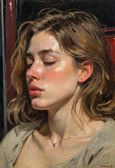 impressionist painting with rough brush strokes by Berthe Morisot, full portrait of drunk girl sleeping on night bus, young woman, soft body, oval face, round cheeks, messy and unkempt hair, night time, (drooling from parted lips, saliva on chin:1.5), detailed textures, simple necklace, night lighting,