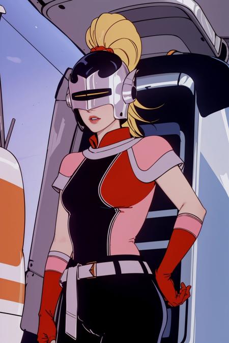 mandora, 1girl, ponytail, blonde hair, helmet, visor, pink shoulder wrap, red turtleneck, asymmetrical clothes, multicolored bodysuit, grey belt, pink vambraces, red gloves mandora, 1girl, ponytail, blonde hair, helmet, visor, single bare shoulder, asymmetrical clothes, black bodysuit, pink vambraces, red gloves