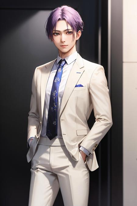 (masterpiece, best quality:1.2), cowboy shot, solo, male focus, 1boy, mikage reo, slight smile, looking at viewer, hand in pocket, formal, white suit, necktie, white pants <lora:bluelock_mikage:0.8>