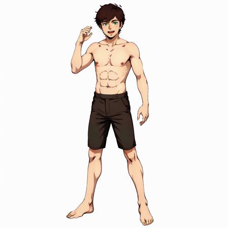 masterpiece,high quality,white background,solo,
<lora:judauashta003:0.7>,
judauashta,1boy,
short hair,brown hair,green eyes,dark skin,
shirtless,short pants,barefoot,
standing,hand up,smile,open mouth,