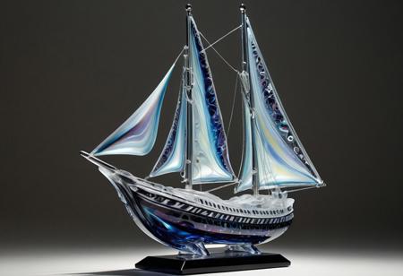 sharp/defined Cinematic photo of a glasswork , dappled shadowed lighting.   murano_glass_style, action pose,, carved translucent glassy  Starship with   internal inclusions of damascus whorls of various colors simulating hatches/engines/ports , natural striations providing realistic texture .. prismatic refractions    . intricate m . Dark, mysterious, haunting, dramatic, ornate, detailed . award-winning, professional, highly detailed
