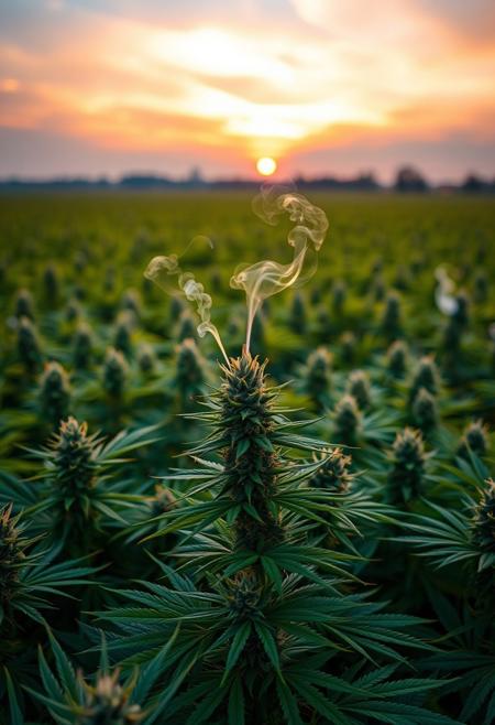 vibrant cannabis field, (lush green leaves:1.4), (sunset glow:1.2) casting warm light over the plants, (detailed textures:1.5), smoke swirling softly in the air, (cannabis buds:1.3) glistening with trichomes, peaceful and serene atmosphere, (natural light:1.4), wide field stretching into the distance, (colorful sky:1.2) with shades of pink and orange, (high-definition:1.6), (ultra-realistic textures:1.5), close-up details of cannabis plants, (soft focus in the background:1.2), modern, laid-back aesthetic, perfect for a cannabis culture feature, chill and relaxed vibe, (overexposed:-1.4), (unnatural colors:-1.5), (blurry:-1.6), (low-resolution:-1.7), (harsh lighting:-1.5), (distorted textures:-1.6)