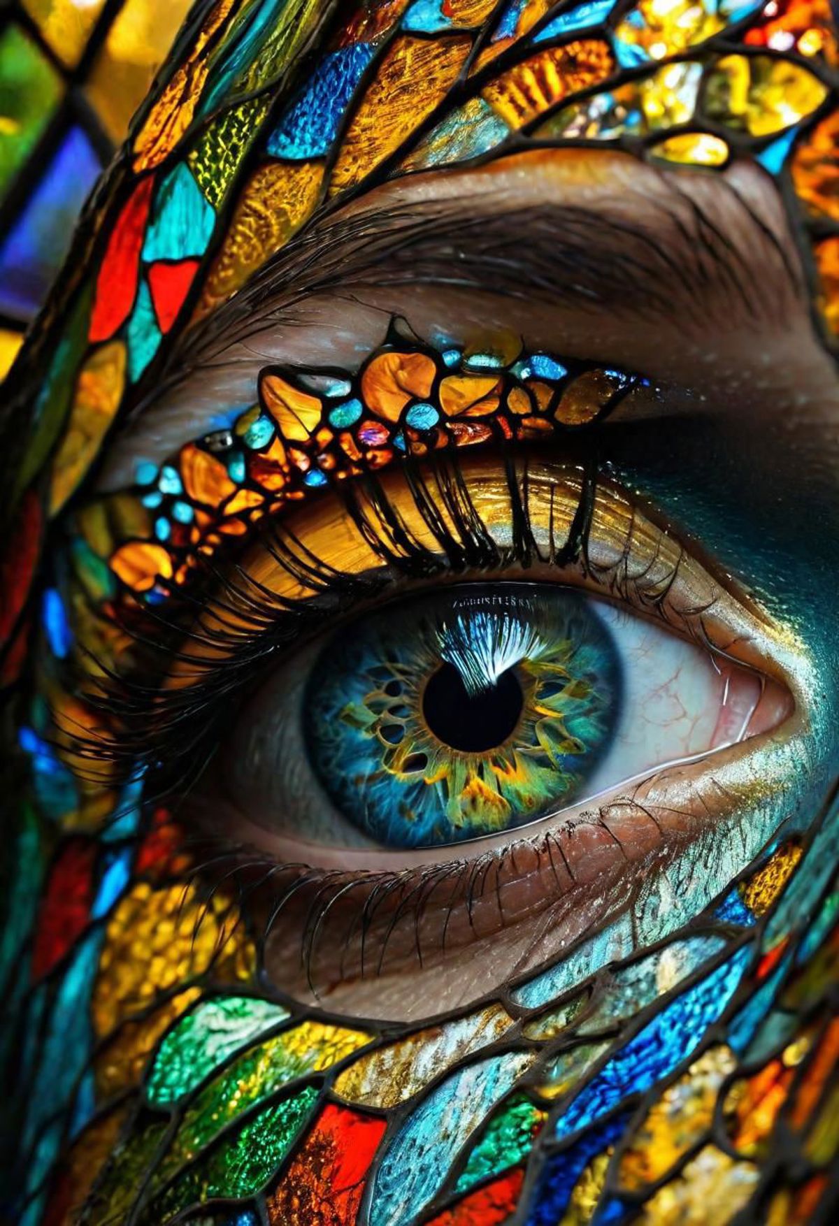 A close up of a person's eye with a colorful butterfly pattern on their face.