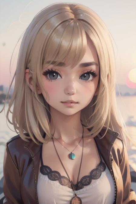 Shay Qin blonde, grey eyes, jacket, cleavage,