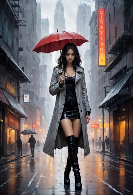 a woman wearing an oversize trench coat and knee high boots, 1girl, solo, long hair, breasts, looking at viewer, black hair, dress, cleavage, medium breasts, boots, outdoors, solo focus, hood, lips, wet, walking, rain, city,  puddle, raincoat