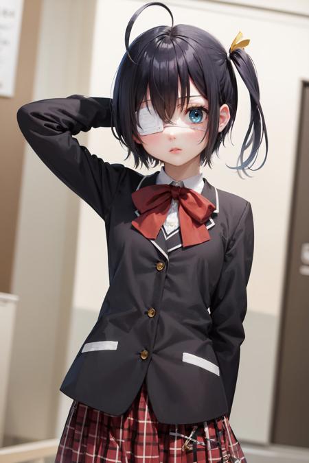 (masterpiece, best quality:1.2), <lora:chunibyo_takanashi-12:1.0>, cowboy shot, solo, 1girl, takanashi rikka, expressionless, looking at viewer, arms behind back, one side up, ahoge, blue eyes, medical eyepatch, school uniform, jacket, plaid skirt