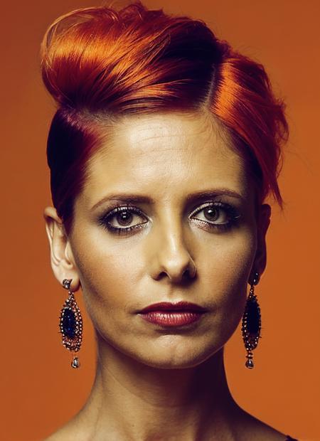 portrait of sks woman by Flora Borsi, style by Flora Borsi, bold, bright colours, orange Mohawk haircut, ((Flora Borsi)), <lora:locon_sarahmichellegellar_v1_from_v1_64_32:1.25>