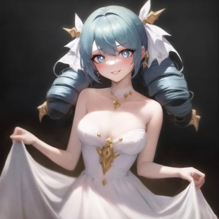 (alternate custome:1.5), (white wedding dress), 1girl, absurdres, blue eyes, blue hair, drill hair, gwen \(league of legends\), hair ornament, highres, league of legends, long hair, parted lips, pink pupils, smile, solo, x, x hair ornament  <lora:gwenv2-000006:1>