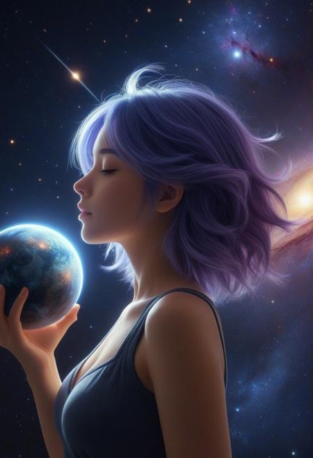 masterpiece, best quality, amazing quality, very aesthetic, absurdres, newest, extreme detail,fantastic,fantastic,hdr,4k,8k,hdr,1girl,solo, BREAK  CosmicStyle,upper_body,galaxy,holding_planet,cosmic.glowing_hair,anime,side_view,closed_eyes,nebula,shooting_star,universe