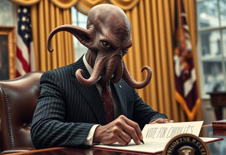 president cthulu in a sharp pin striped suit posing for presidential portrait in the oval office, real photograph, signing bill, empty eyes, lovecraftian, vote for cthulu photorealistic, correct hands, correct fingers, seal of the president of the united states, ad to vote, republican