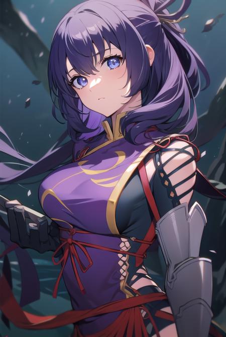 mao rixia, (purple eyes:1.1), purple hair, chinese clothes, gauntlets, mary janes, thighhighs,