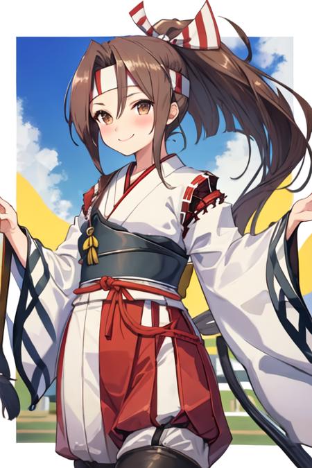 best quality, masterpiece, highres, solo, {zuihou_kantaicollection:1.15}, long_hair, brown_eyes, ponytail, brown_hair, headband, hachimaki, high_ponytail, smile, blush, 1girl, japanese_clothes, looking_at_viewer, hair_ribbon, ribbon, muneate