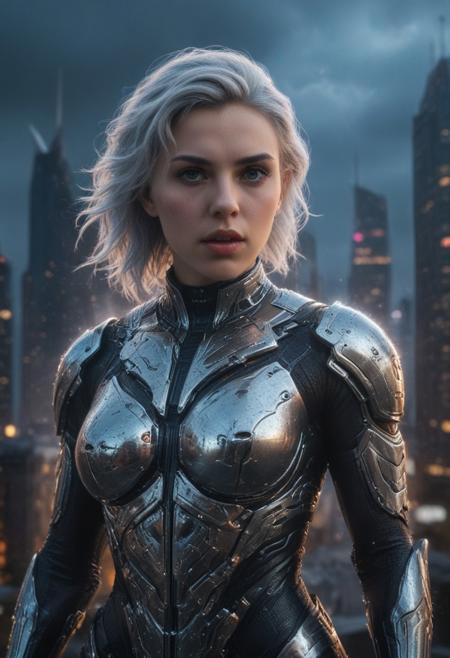 A stunning 32K, 1000K HDR, 1500FPS, ultra-HD, hyper-realistic, high-quality full frame shot of a cyberpunk superhero, infused with the essence of a Norse god, towering over a neon-lit cityscape, mesmerizing reflections of ancient runes in glass skyscrapers, clad in shimmering metallic armor, reminiscent of iron and liquid crystal, featuring Scarlett Johansson, ethereal silver hair cascading down, embodying strength and grace, captured in a high-energy action pose, surrounded by swirling mist and electric sparks, utilizing a Canon EOS R5 with a 24-70mm lens, ISO 100, f/2.8, cinematic lighting, showcasing a captivating blend of realism and fantasy, vibrant graffiti art, under a twilight sky, illuminated by vibrant neon signs and flickering holograms, creating a moody, immersive atmosphere, echoing H.R. Giger's style, completed with Unreal Engine enhancements, ensuring hyper-realistic textures and dynamic lighting, 32K smooth HDR, 128K HDR, high-res, stunning makeup, highly detailed face, fingers, eyes, nose, lips, hairstyle, Unreal Engine v6, bold colors, captivating expressions, natural lighting, Steven Spielberg VFX, CGI, practical lighting, NVIDIA RTX 3090 GPU, DeepArt.io, Artbreeder AI, LCM-LoRA DetailedFace:1.2, DetailedHand:1.1, DetailedMaster:1.0, DetailedEyes_xl:1.2, BetterSkinXL:1.1, 1,300 digital effects, Unreal Engine-rendered, awe-inspiring, smart HDR, 128K, CGI Unity.