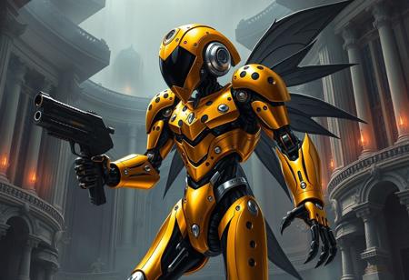 A dramatic dark fantasy digital painting following the Golden Ratio, of a Dark Rose Fairy robot set against the intricate, imposing architecture of an Artmage Academic Arcane Arts Acropolis. The robot's form is rendered with sharp lines and brush strokes, its vibrant gold shiny body detailed with black cheetah spots and silver accents. Black arms and legs provide strong contrast. The silver head is dominated by a enigmatic black visor, rendered with super detailed quality. It holds a formidable black gun in its right hand and displays a fearsome black claw on its left hand. The pose is dynamic and powerful, left leg bent, right leg straight, radiating readiness. Atmospheric lighting illuminates the scene, highlighting the robot's form against the detailed background. Hints of splash ink illustration effects add texture and depth. Stunning colors and harmonious colors create a captivating mood. Beautiful matte painting quality. Exceptional Quality, High Quality, More Detail. Artstation Trending.