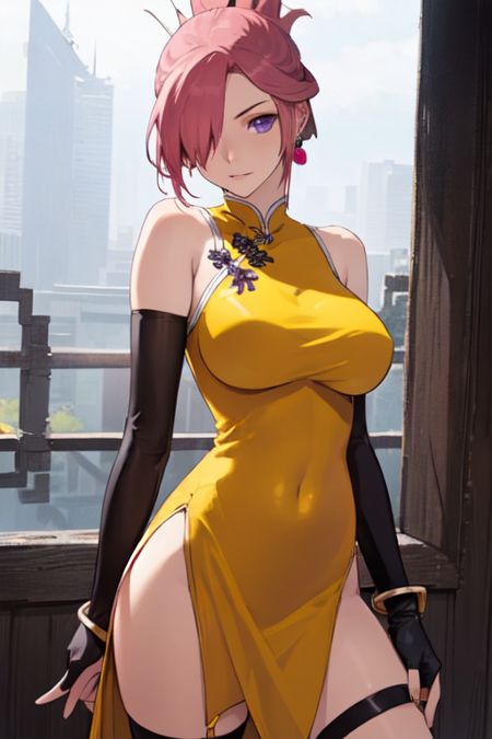 MarilynSue, 1girl, solo, yellow china dress, elbow gloves, chinese clothes, bare shoulders, pink hair, folded ponytail, jewelry, large breasts, purple eyes, earrings, thigh strap, side slit, bracelet, black gloves, hair over one eye, 