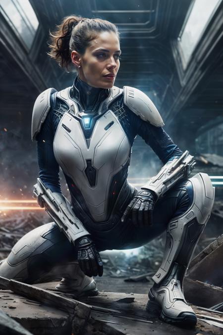 <lora:NeoFuturisticTech:0.6>((beautiful woman)) wearing a neotech armor, sleek, explosive pose, expressionism, movie still, hyper detailed, intricate design, insanely detailed, fine details, scifi, in a destroyed city, frontal illumination, <lora:add_detail:0.6>