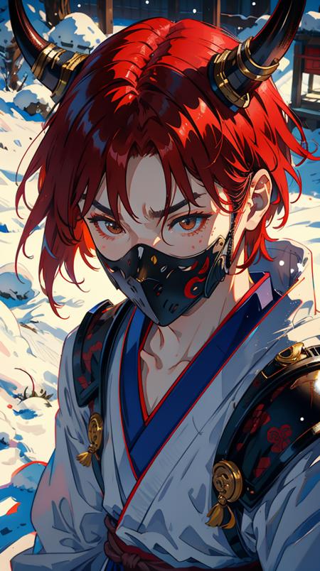 masterpiece, snow, 1man, male focus, female pov, ninja, looking at viewer, red hair, japanese oni, oni horns, 1boy, japanese armor, oni mask, mask on head, intense emotions