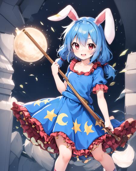 (masterpiece),1girl,seran, loll,best quality,wallpaper,dress,seiran (touhou),close up face,frilled dress,blue hair,(Rabbit ears:1.1),red eyes,twintails,low twintails ,ear tag,large moon,official art<lora:Seiran_V01_1:0.8>