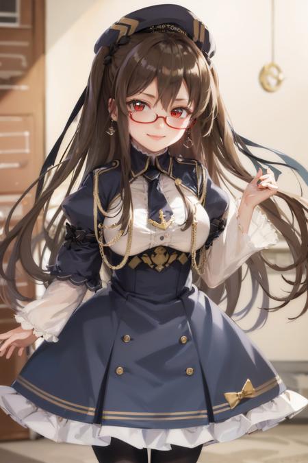 (masterpiece, best quality:1.2), <lora:azurlane_london-10:1>, cowboy shot, solo, 1girl, london \(azur lane\), smile, closed mouth, looking at viewer, black hair, ahoge, headwear, red eyes, semi-rimless eyewear, red-framed eyewear, dress, white shirt, necktie, pantyhose