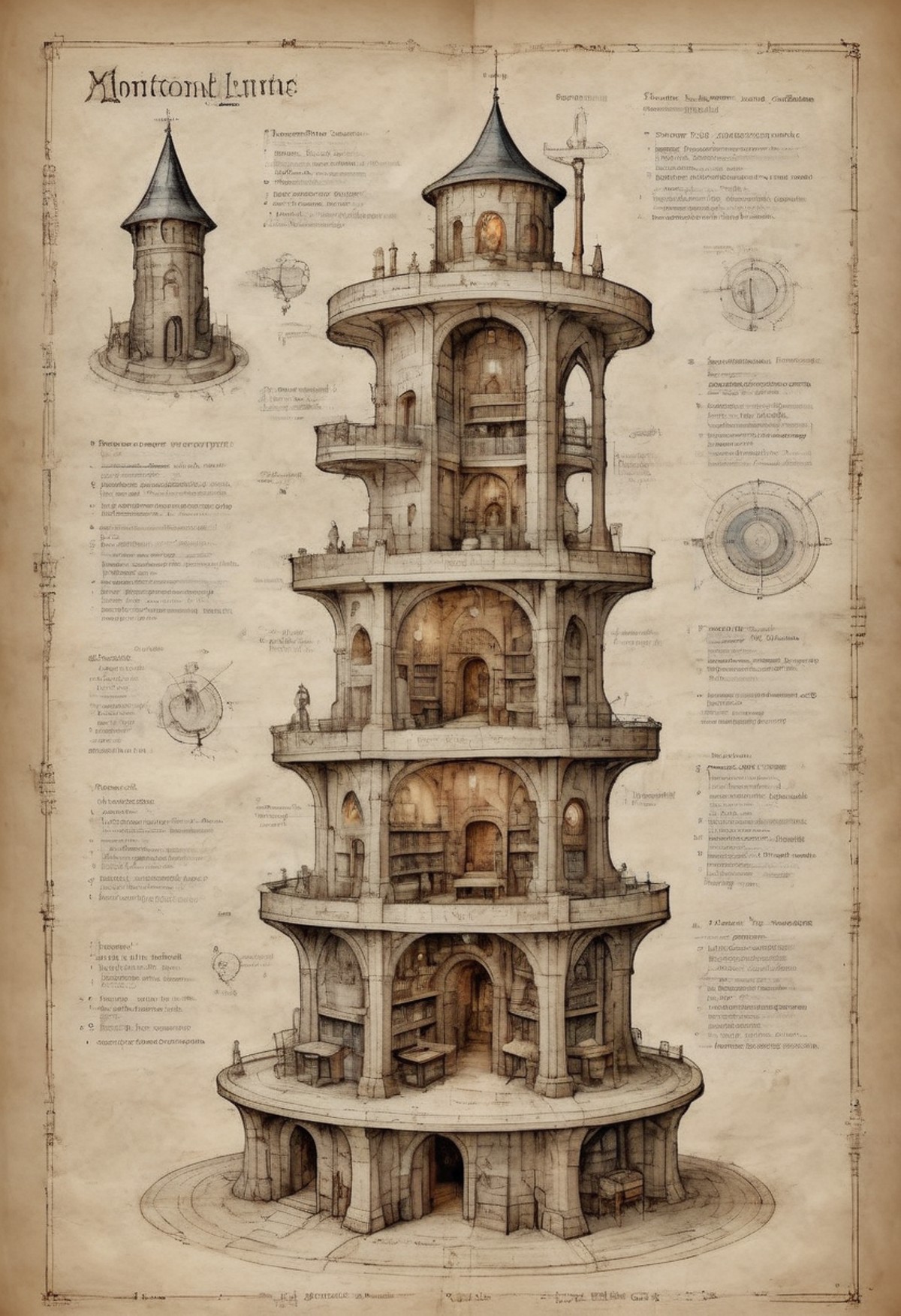 annotated ink on pale mottled parchment xray blueprint schematic cross-section diagram tall wizard's tower with many floor...