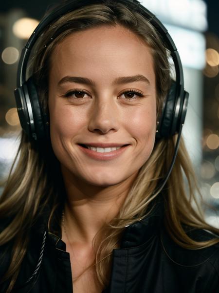 <lora:bri3ver2:0.6>, bri3,a woman,blonde hair,long hair,smile,city lights,night,masterpiece,film grain,out of focus,motion blur,close-up,wearing jacket and headphones