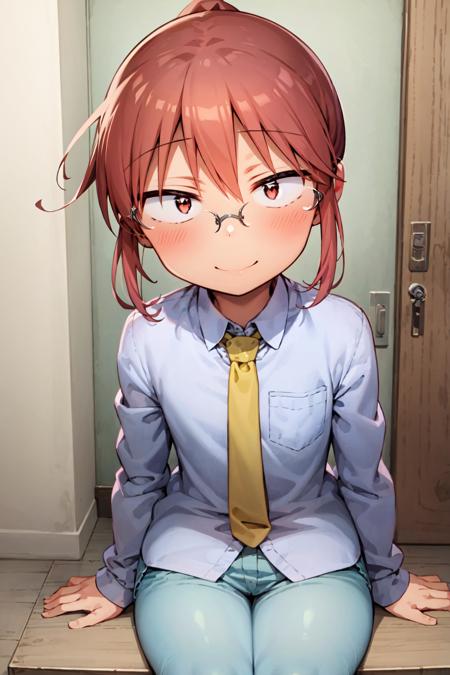 best quality, masterpiece, 1girl, solo, kobayashi \(maidragon\), upper body, smile, closed mouth, ponytail, glasses, red eyes, white shirt, red hair, collared shirt, pants, yellow tie, flat chest, small hands, sitting, sidelocks, straight-on, indoors, looking at viewer,