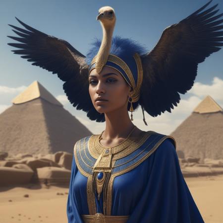 Egyptian goddess Maat represented as a winged woman, 
with royal blue robes and golden ornaments, 
with an ostrich feather on her head, 
desert background and a pyramid in the distance, 
artistic hyper realism., 
black and white still, 
digital Art, 
perfect composition, 
beautiful detailed intricate insanely detailed octane render trending on artstation, 
8 k artistic photography, 
photorealistic concept art, 
soft natural volumetric cinematic perfect light, 
chiaroscuro, 
award - winning photograph, 
masterpiece, 
oil on canvas, 
raphael, 
caravaggio, 
greg rutkowski, 
beeple, 
beksinski, 
giger