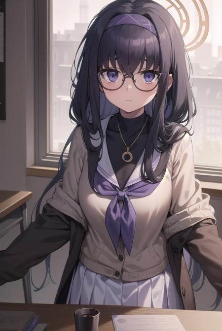 uikozeki, <lora:uikozeki-lora-nochekaiser:1>,
ui kozeki, bags under eyes, black hair, (purple eyes:1.5), glasses, halo, long hair, red-framed eyewear,
BREAK black pantyhose, black undershirt, blue hairband, blue neckerchief, brown cardigan, brown sweater, cardigan, hairband, long sleeves, messy hair, neckerchief, pantyhose, sailor collar, school uniform, serafuku, sweater, white sailor collar, white serafuku, skirt, long skirt,
BREAK looking at viewer,
BREAK indoors, classroom,
BREAK <lyco:GoodHands-beta2:1>, (masterpiece:1.2), best quality, high resolution, unity 8k wallpaper, (illustration:0.8), (beautiful detailed eyes:1.6), extremely detailed face, perfect lighting, extremely detailed CG, (perfect hands, perfect anatomy),