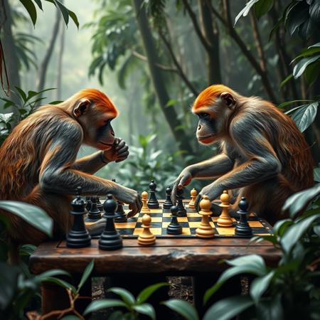 two monkeys playng chess in the jungle on a realistic 8x8 chess table with few pieces