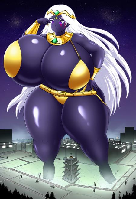 1girl, colored skin, black skin, circlet, facial mark, white hair, long hair, white hair, circlet, purple pelvis curtain, gold belt, neck ring, bracer, large breasts, purple eyes, no mouth, hand on hip, hand up, thick thighs, <lora:queentyranime-40:1>, queentyr, golden bra, giantess, goddess, standing on a continent, night, illuminatedcityscapes, view from space, destruction, cracked earth, footprints