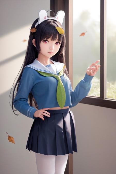 masterpiece, best quality, highres, 1girl miyu, school uniform skirt white pantyhose, leaf on head <lora:miyu:1> standing, indoors, photorealistic