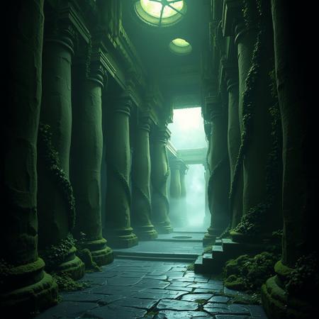 A liminal space within the Forest Temple from The Legend of Zelda: Ocarina of Time—a place lost in time, abandoned yet strangely alive. Towering stone pillars, covered in moss and ivy, stretch into the shadows. A dim, greenish glow filters through cracks in the ceiling, casting soft, eerie light onto the damp stone floor. The air is thick with the scent of earth and ancient decay.
Faint particles of light float, drifting unnaturally. The only sound is the distant echo of dripping water. Twisting corridors lead into the unknown, their walls marked by faded carvings of forgotten legends. Vines creep along the surfaces, slowly reclaiming the temple.
A dense mist lingers in the main chamber, shifting as if it breathes. The temple feels frozen between worlds—neither truly real nor entirely a dream, a forgotten space where time has unraveled. Though no one is here, an unshakable presence lingers, just beyond sight.
