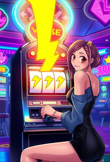 /imagine prompt: In a neon-lit casino, vibrant with electric energy, the walls are adorned with glowing signs in vivid pinks, blues, and greens, reminiscent of a bustling anime cityscape. At the center, an anime-styled vintage slot machine gleams under the kaleidoscope of lights. The machine’s rollers spin rapidly, then gradually slow, revealing three cartoon-style lightning bolts in perfect alignment on the reels. Each bolt is a bright yellow, pointed at both ends, with sharp, clean edges and only five points,  Seated before the machine is an attractive young woman, illustrated in a detailed anime style with large, expressive eyes, vibrant hair, and a sleek, stylish outfit that catches the ambient neon light. Her expression is a blend of excitement and determination as she grips the lever, pulling it with anticipation, her gaze locked on the glowing bolts as they line up on the rollers. The scene radiates tension and potential, captured in the dramatic, with the surrounding casino fading into a blur of colors and sounds—clinking coins, distant cheers, and the hum of machines—creating a surreal moment focused entirely on the promise of victory. --ar 16:9 --v 5 --style anime --quality 5
