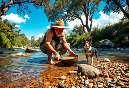 anatomically correct, complex shadows, intricate details, high quality, hi res, best quality, elderly man, muscular, far attire, straw hat, crouching in a river, sifting for gold, narrow river, clear river, colourful rocks, small pebble shore, vivid colours, trees, bushes, the elderly man is happy, there is a single gold nugget in his sifting pan, the elderly man isn't wearing boots, the elderly man is barefoot, his feet are submerged in the water, his pants are rolled up to his knees, the elderly man is up to his knees in the river,  there is a border collie in the water with the elderly man, the border collie is watching the elderly man sift for gold, clear blue sky, beautiful clouds, light shining through the trees, shadows cast onto the river from the trees overhead, big rocks in river, water flowing around the rocks,
