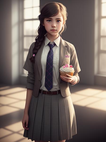 a girl, wearing a tie, cupcake in her hands, school, indoors, (soothing tones:1.25), (hdr:1.25), (artstation:1.2), dramatic, (intricate details:1.14), (hyperrealistic 3d render:1.16), (filmic:0.55), (rutkowski:1.1), (faded:1.3)