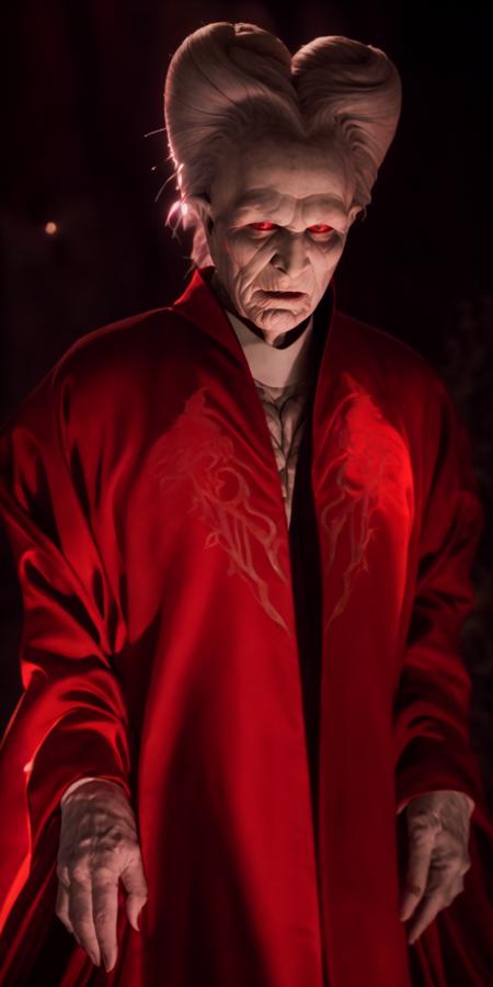 drakul,red robe,castle background,transilavnia,gothic,dark,bokeh,(at night:1.2),night,dimly lit,(frontal full body shot:1.1)